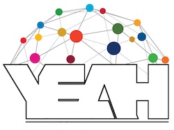 YEAH logo; net of spheres over the letters Y, E, A,H